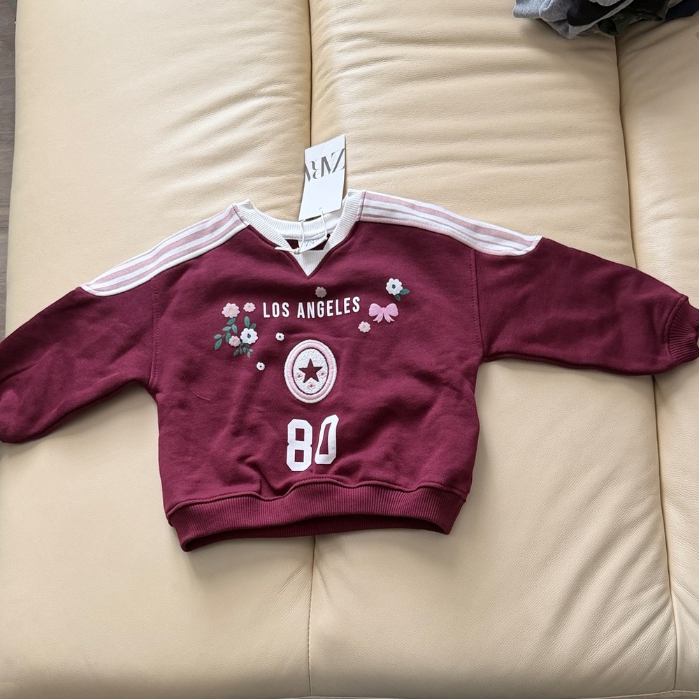 Zara Kids Burgundy Sweatshirt with Floral Accents NWT Size 3 Years